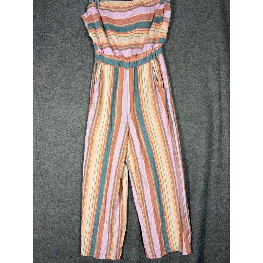 American Eagle Women XS Striped Strapless Linen Blend Wide Leg Jumpsuit Pink